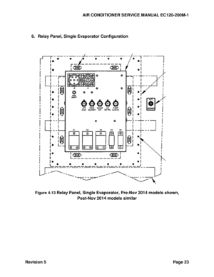 Page 33AIR CONDITIONER SERVICE MANUAL EC120-200M-1 
Revision 5 Page 23 
  
6. Relay Panel, Single Evaporator Configuration 
                      
                             
 
                  
          
Figure 4-13 Relay Panel, Single Evaporator, Pre-Nov 2014 models shown, 
Post-Nov 2014 models similar 
  