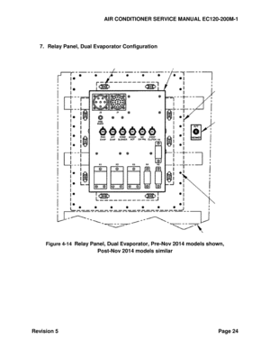 Page 34AIR CONDITIONER SERVICE MANUAL EC120-200M-1 
Revision 5 Page 24 
  
7. Relay Panel, Dual Evaporator Configuration 
 
 
 
 
 
Figure 4-14  Relay Panel, Dual Evaporator, Pre-Nov 2014 models shown, 
Post-Nov 2014 models similar 
  