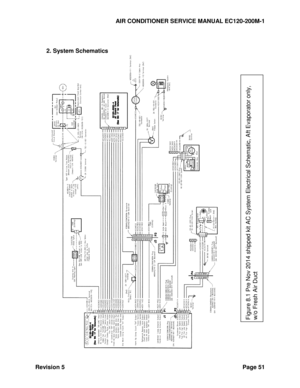 Page 61AIR CONDITIONER SERVICE MANUAL EC120-200M-1 
Revision 5 Page 51 
 
2. System Schematics 
          
Figure 8.1 Pre Nov 2014 shipped kit AC System Electrical Schematic, Aft Evaporator only, w/o Fresh Air Duct
 
  