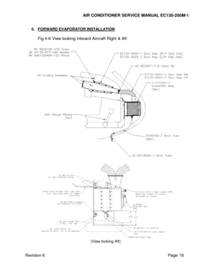 Page 23 
AIR CONDITIONER SERVICE MANUAL EC130-200M-1 
Revision 6                                                                                                         Page 16 
6. FORWARD EVAPORATOR INSTALLATION  
 
Fig 4-6 View looking Inboard Aircraft Right & Aft  
  
 
 
              
                                                            (View looking Aft)  