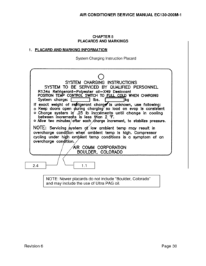 Page 37 
AIR CONDITIONER SERVICE MANUAL EC130-200M-1 
Revision 6                                                                                                         Page 30 
 
 
CHAPTER 5 
PLACARDS AND MARKINGS 
 
1. PLACARD AND MARKING INFORMATION 
 
System Charging Instruction Placard 
 
 
 
 
 
 
 
 
 
 
 
 
 
 
 1.1 2.4 
NOTE: Newer placards do not include “Boulder, Colorado” 
and may include the use of Ultra PAG oil.  