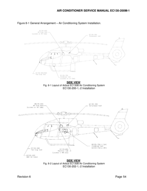 Page 61 
AIR CONDITIONER SERVICE MANUAL EC130-200M-1 
Revision 6                                                                                                         Page 54 
 
Figure 8-1 General Arrangement – Air Conditioning System Installation. 
 
SIDE VIEW 
Fig. 8-1 Layout of Airbus EC130B Air Conditioning System 
EC130-200-1,-2 Installation 
 
 
 
 
 
SIDE VIEW 
Fig. 8-2 Layout of Airbus EC130B Air Conditioning System 
EC130-202-1,-2 Installation   