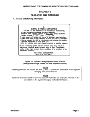 Page 27INSTRUCTIONS FOR CONTINUED AIRWORTHINESS EC135-200M-1 
Revision 8 Page 21 
CHAPTER 5 
PLACARDS AND MARKINGS 
1. Placard and Marking Information 
 
 
 
 
 
Figure 16:  System Charging Instruction Placard 
(Refrigerant charge shown for dual evap installation) 
 
NOTE 
Newer systems do not include the “BOULDER, COLORADO” annotation on the System 
Charging Instructions Placard. 
 
NOTE 
Systems shipped in 2015 or later include both “Polyester oil” and “Ultra PAG oil” in the 
annotation on the System Charging...