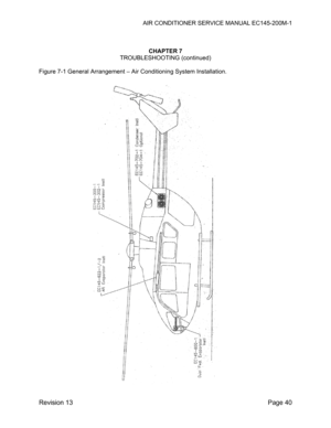 Page 46AIR CONDITIONER SERVICE MANUAL EC145-200M-1 
 
Revision 13  Page 40 
 
 
CHAPTER 7 
TROUBLESHOOTING (continued) 
 
Figure 7-1 General Arrangement – Air Conditioning System Installation. 
 
 
 
 
 
 
 
 
 
 
 
 
 
 
 
 
 
 
 
 
 
 
 
 
 
 
 
 
 
 
 
 
 
 
 
 
 
 
 
 
 
 
 
 
 
 
  