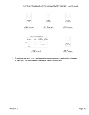 Page 29INSTRUCTIONS FOR CONTINUED AIRWORTHINESS - 206EC-260M-1 
 
Revision G   Page 23 
 
 
 
 
 
 
 
 
 
 
 
 
 
 
 
 
 
 
 
 
 
 
 
 
3. The above placards must be displayed adjacent to the appropriate circuit breaker 
or switch on the overhead circuit breaker panel in the cockpit. 
 
 HIGH
LOW
BLOWER
AFT
BLOWER
FWD
CONT
A/C
OFF
BLOWER
AIR CONDITIONING
 -28 Placard 
BLOWER
EVAP
 -27 Placard 
COND
BLOWER
 -26 Placard 
CLUTCH
COMP
 -25 Placard 
ACT
SCOOP
 -24 Placard   