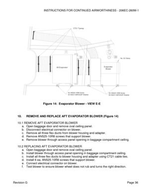 Page 42INSTRUCTIONS FOR CONTINUED AIRWORTHINESS - 206EC-260M-1 
 
Revision G   Page 36 
 
 
 
 
 
 
 
 
 
 
 
 
 
 
 
 
 
 
 
 
 
 
 
 
 
 
 
 
 
10. REMOVE AND REPLACE AFT EVAPORATOR BLOWER (Figure 14) 
 
10.1 REMOVE AFT EVAPORATOR BLOWER 
a. Open baggage door and remove oval ceiling panel. 
b. Disconnect electrical connector on blower. 
c. Remove all three flex ducts from blower housing and adapter. 
d. Remove AN525-10R8 screws that support blower. 
e. Remove blower through access panel opening in baggage...
