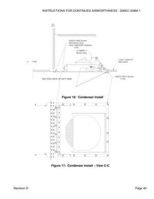 Page 46INSTRUCTIONS FOR CONTINUED AIRWORTHINESS - 206EC-208M-1 
 
 
Revision D Page 40 
 
 
 
 
 
 
 
 
 
 
 
 
 
 
 
 
 
 
 
 
 
 
 
 
 
 
 
 
 
 
 
 
 
 
 
 
 
 
 
 
 
 
 
 Figure 17:  Condenser Install – View C-C 
Figure 16:  Condenser Install VIEW LOOKING UP
AN525-10R8 ScrewsMS21042L3 NutsNAS1149F0332P Washers          6 PlsS-7060EC-1Blower Assy
FWD
SECTION VIEW OF LEFT SIDE
155.8STA
Lower contour ofbelly panel
AN525-10R12 Screws          13 Pls  