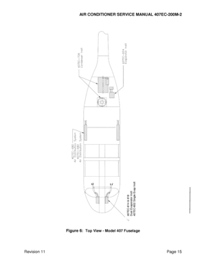 Page 22AIR CONDITIONER SERVICE MANUAL 407EC-200M-2 
 
 
Revision 11  Page 15 
 
 
 
Figure 6:  Top View - Model 407 Fuselage  
  
407EC
-614 & 616
 
Dual Evaporator Instl
 
407EC
-602 Single 
Evap Instl
  