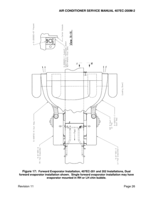 Page 33AIR CONDITIONER SERVICE MANUAL 407EC-200M-2 
 
 
Revision 11  Page 26 
 
 
Figure 17:  Forward Evaporator Installation, 407EC-201 and 202 Installations, Dual 
forward evaporator installation shown.  Single forward evaporator installation may have 
evaporator mounted in RH or LH chin bubble.  