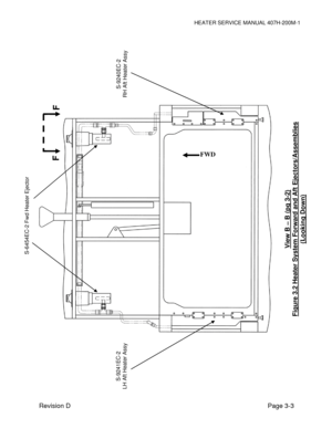 Page 13HEATER SERVICE MANUAL 407H-200M-1 
Revision D                                                                                                             Page 3-3   
 
 
 
 
 
 
 
 
 
 
  
View B – B (pg 3-2) 
Figure 3.2 Heater System Forward and Aft Ejectors/Assemblies 
(Looking Down) 
S-6454EC-2 Fwd Heater Ejector 
FWD 
S-9241EC-2 
LH Aft Heater Assy 
S-9240EC-2 
RH Aft Heater Assy 
F 
F  