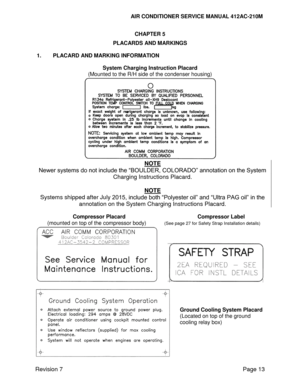 Page 23                                                                      AIR CONDITIONER SERVICE MANUAL 412AC-210M 
Revision 7 Page 13 
CHAPTER 5 
PLACARDS AND MARKINGS 
 
1. PLACARD AND MARKING INFORMATION 
 
System Charging Instruction Placard 
(Mounted to the R/H side of the condenser housing) 
 
NOTE 
Newer systems do not include the “BOULDER, COLORADO” annotation on the System 
Charging Instructions Placard. 
 
NOTE 
Systems shipped after July 2015, include both “Polyester oil” and “Ultra PAG oil” in...