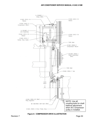 Page 40                                                                      AIR CONDITIONER SERVICE MANUAL 412AC-210M 
Revision 7 Page 30 
 
 
 
 
Figure 9:  COMPRESSOR DRIVE ILLUSTRATION
NOTE: Use aft 
coupling bolts for shaft 
balance adjustment 
when A/C compressor 
pulley is installed.  