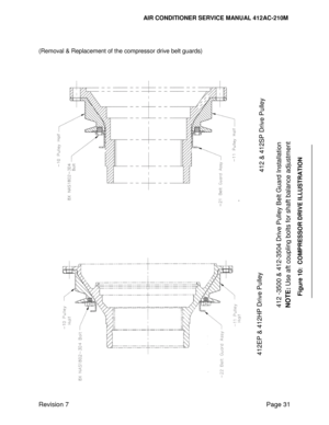 Page 41                                                                      AIR CONDITIONER SERVICE MANUAL 412AC-210M 
Revision 7 Page 31 
 
 
(Removal & Replacement of the compressor drive belt guards) 
 
 
 
 
 
 
 
 
 
 
 
 
 
 
 
 
 
 
 
 
 
 
 
 
 
 
 
 
 
 
 
 
 
 
 
 
 
 
 
 
 
 
 
 
 
 
 
 
 
 
Figure 
10
:  COMPRESSOR 
DRIVE ILLUSTRATION
 
412EP & 412HP Drive Pulley
 
412 & 412SP Drive Pulley
 
412 
-3500 & 412
-3504 Drive Pulley Belt Guard Installation
 
NOTE:
 Use aft coupling bolts for shaft...