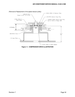 Page 42                                                                      AIR CONDITIONER SERVICE MANUAL 412AC-210M 
Revision 7 Page 32 
 
 
(Removal & Replacement of the speed reducer pulley) 
 
Figure 11:  COMPRESSOR DRIVE ILLUSTRATION 
X-X Direction   