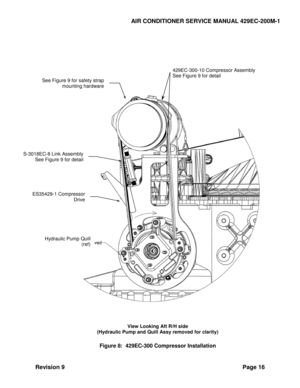 Page 24AIR CONDITIONER SERVICE MANUAL 429EC-200M-1 
Revision 9 Page 16 
 
 
 
 
 
 
 View Looking Aft R/H side 
(Hydraulic Pump and Quill Assy removed for clarity) 
 
Figure 8:  429EC-300 Compressor Installation  
Hydraulic Pump Quill 
(ref) 
429EC-300-10 Compressor Assembly 
See Figure 9 for detail  
ES35429-1 Compressor 
Drive  
Belt  
 
S-3018EC-8 Link Assembly  
See Figure 9 for detail  
 
See Figure 9 for safety strap 
mounting hardware  
  