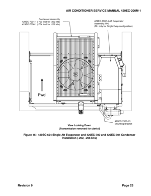 Page 31AIR CONDITIONER SERVICE MANUAL 429EC-200M-1 
Revision 9 Page 23 
 
 
 
View Looking Down 
(Transmission removed for clarity) 
 
Figure 15:  429EC-624 Single Aft Evaporator and 429EC-700 and 429EC-704 Condenser 
Installation (-202, -206 kits) 
 
  
429EC-6302-4 Aft Evaporator  
Assembly (RH) 
(RH only for Single Evap configuration) 
429EC-7520-13 
Mounting Bracket   
Fwd 
Condenser Assembly 
429EC-7004-1 (-700 Instl for -202 kits) 
429EC-7006-1 (-704 Instl for -206 kits) 
  