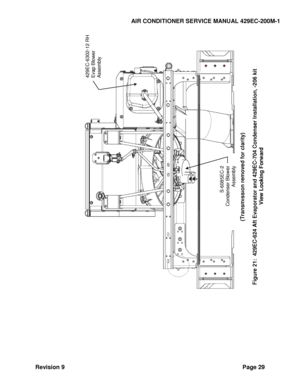 Page 37AIR CONDITIONER SERVICE MANUAL 429EC-200M-1 
Revision 9 Page 29 
 
 
 
  
(Transmission removed for clarity)
 
 
Figure 
21
:  429EC
-62
4 Aft Evaporator and 429EC
-704
 Condenser Installat
ion, 
-206 kit
 
 View Looking Forward
 
429EC
-6302
-12 RH 
Evap Blower Assembly
 
S-60
85EC
-2 
Condenser Blower 
Assembly
  