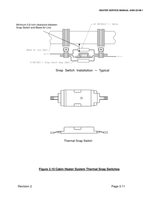 Page 20HEATER SERVICE MANUAL 429H-201M-1 
Revision 2    Page 3-11 
 
 
 
 
 
 
 
 
 
 
 
 
 
 
 
 
 
 
 
 
 
 
 
 
 
 
 
 
 
 
 
 
  
Thermal Snap Switch 
Figure 3.10 Cabin Heater System Thermal Snap Switches 
Minimum 0.8 inch clearance between 
Snap Switch and Bleed Air Line  