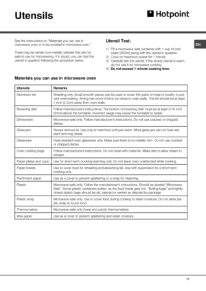 Page 15ENUtensilsSee the instructions on “Materials you can use in 
microwave oven or to be avoided in microwave oven.”   
There may be certain non-metallic utensils that are not 
safe to use for microwaving. If in doubt, you can test the 
utensil in question following the procedure below.Utensil Test:1) Fill a microwave-safe container with 1 cup of cold 
water (250ml) along with the utensil in question. 
2) Cook on maximum power for 1 minute. 
3) Carefully feel the utensil. If the empty utensil is warm, 
do...