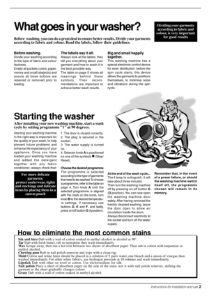 Page 3What goes in your washer?
Before  washing, you can do a great deal to ensure better results. Divide your garments
according to fabric and colour. Read the labels, follow their guidelines.
Before washing.
Divide your washing according
to the type of fabric and colour
fastness.
Empty all pockets (coins, paper,
money and small obejects) and
ensure all loose buttons are
repaired or removed prior to
loading.
How to eliminate the most common stains
Ink and biro Dab with a wad of cotton soaked in methyl alcohol...