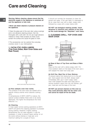 Page 18GB
18
Care and Cleaning
Warning: Before cleaning, please ensure that the
electricity supply to the appliance is switched off
and the appliance is fully cold.
! Never use steam cleaners or pressure cleaners on
the appliance.
! 
Clean the glass part of the oven door using a sponge
and a non-abrasive cleaning product, then dry
thoroughly with a soft cloth. Do not use rough abrasive
material or sharp metal scrapers as these could
scratch the surface and cause the glass to crack.
! The accessories can be...