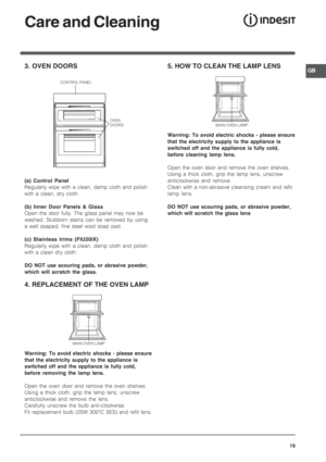Page 19GB
19
Care and Cleaning
3. OVEN DOORS
CONTROL PANEL
OVEN 
DOOR
S
(a) Control Panel
Regularly wipe with a clean, damp cloth and polish
with a clean, dry cloth.
(b) Inner Door Panels & Glass
Open the door fully. The glass panel may now be
washed. Stubborn stains can be removed by using
a well soaped, fine steel wool soap pad.
(c) Stainless trims (FIU20IX)
Regularly wipe with a clean, damp cloth and polish
with a clean dry cloth.
DO NOT use scouring pads, or abrasive powder,
which will scratch the glass.
4....