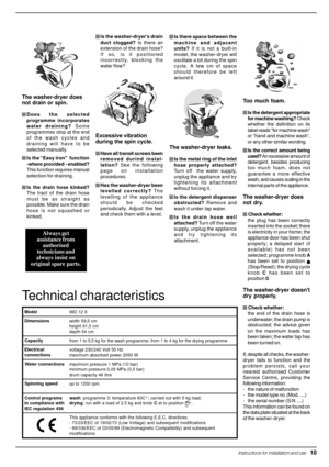 Page 11Model
WD 12 X
Dimensions
width 59,5 cm
height 81,5 cm
depth 54 cm
Capacity
from 1 to 5,5 kg for the wash programme; from 1 to 4 kg for the drying programme
Electrical
connectionsvoltage 230/240 Volt 50 Hz
maximum absorbed power 2050 W
Water connections
maximum pressure 1 MPa (10 bar)
minimum pressure 0,05 MPa (0,5 bar)
drum capacity 46 litre
Spinning speed
up to 1200 rpm
Control programs
in compliance with
IEC regulation 456wash: programme 3; temperature 60C°; carried out with 5 kg load;
drying: run with...