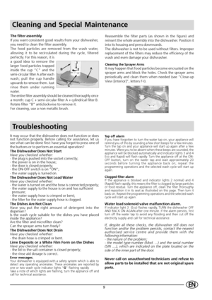 Page 119EN
Troubleshooting
It may occur that the dishwasher does not function or does
not function properly. Before calling for assistance, let us
see what can be done first: have you forgot to press one of
the buttons or to perform an essential operation?
The Dishwasher Does Not Start
Have you checked whether:
- the plug is pushed into the socket correctly;
- the power is on in the house;
- the door is closed properly;
- the ON-OFF switch is on ON;
- the water supply is turned on.
The Dishwasher Does Not Load...