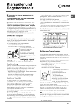 Page 19
*


	
)	

 .1		 %  	
 %
& ,
A
.1		 %  !	   	



	 
 !	 0
	&A
Sollten Sie ein Multifunktionsprodukt verwenden, ist ein
Hinzufügen von weiterem Klarspüler nicht erforderlich. 
9

	)	
E

&	

&
&8
A Bitte befolgen Sie die
auf der jeweiligen Verpackung befindlichen Anweisungen. Da
weder Salz noch Klarspüler...