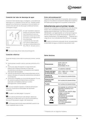 Page 25

0
 	
 &
 
 
 
 
Conecte el tubo de descarga, sin plegarlo, a una tubería de
descarga con un diámetro mínimo de 4 cm. También puede
apoyarlo en el borde de un lavamanos o de una bañera; el
extremo libre del tubo de descarga no debe permanecer
sumergido en agua.
El codo* de plástico especial
facilita una colocación óptima:
fije firmemente el codo a la
pared para evitar que el tubo
se mueva y vierta agua fuera
de la descarga.
La parte del tubo marcada
con la letra A debe...