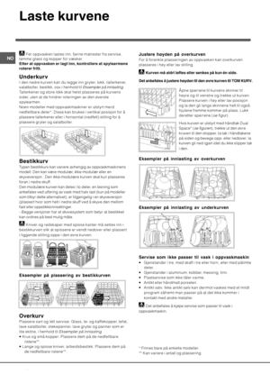 Page 38 



Før oppvasken lastes inn, fjerne matrester fra servise,
tømme glass og kopper for væsker.
3

	
		
(	
%




5
:



I den nedre kurven kan du legge inn gryter, lokk, tallerkener,
salatboller, bestikk, osv.i henhold til 
Eksempler på innlasting.
Tallerkener og store lokk skal helst plasseres på kurvens
sider, uten at de hindrer roteringen av den øverste
spylearmen.
Noen modeller med oppvaskmaskiner er utstyrt merd
nedfellbare...