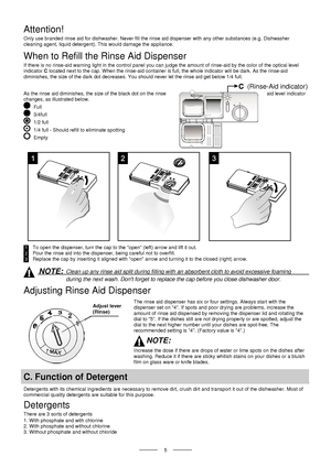 Page 7  
   
 5   
 (Rinse-Aid indicator) 
Attention! 
Only use branded rinse aid for dishwasher. Never fill the rinse aid dispenser with any other substances (e.g. Dishwasher  
cleaning agent, liquid detergent).  This would damage the appliance. 
When to Refill the Rinse Aid Dispenser 
If there is no rinse-aid warning light in the control panel you can judge the amount of rinse-aid by the color of the optical level  
indicator  C located next to the cap. When the rinse-aid container is full, the whole...
