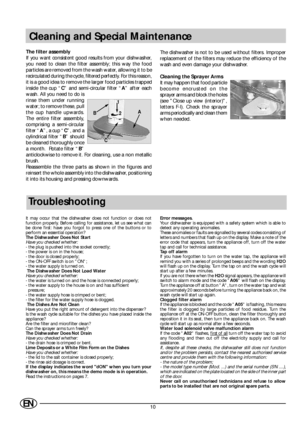 Page 1210EN
Cleaning and Special Maintenance
Troubleshooting
It may occur that the dishwasher does not function or does not
function properly. Before calling for assistance, let us see what can
be done first: have you forgot to press one of the buttons or to
perform an essential operation?
The Dishwasher Does Not Start
Have you checked whether:
- the plug is pushed into the socket correctly;
- the power is on in the house;
- the door is closed properly;
- the ON-OFF switch is on ON;
- the water supply is turned...