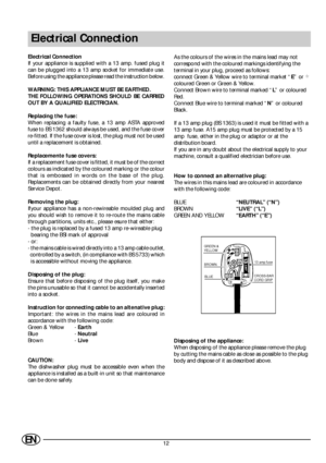 Page 1412EN
Electrical Connection
Electrical Connection
If your appliance is supplied with a 13 amp. fused plug it
can be plugged into a 13 amp socket for immediate use.
Before using the appliance please read the instruction below.
WARNING: THIS APPLIANCE MUST BE EARTHED.
THE FOLLOWING OPERATIONS SHOULD BE CARRIED
OUT BY A QUALIFIED ELECTRICIAN.
Replacing the fuse:
When replacing a faulty fuse, a 13 amp ASTA approved
fuse to BS 1362 should always be used, and the fuse cover
re-fitted. If the fuse cover is lost,...