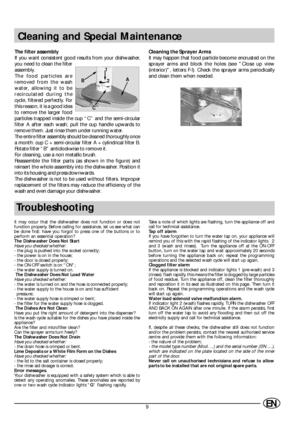 Page 119EN
Cleaning and Special Maintenance
Troubleshooting
It may occur that the dishwasher does not function or does not
function properly. Before calling for assistance, let us see what can
be done first: have you forgot to press one of the buttons or to
perform an essential operation?
The Dishwasher Does Not Start
Have you checked whether:
- the plug is pushed into the socket correctly;
- the power is on in the house;
- the door is closed properly;
- the ON-OFF switch is on ON;
- the water supply is turned...