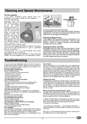 Page 119GB
Cleaning and Special Maintenance
Troubleshooting
It may occur that the dishwasher does not function or does not
function properly. Before calling for assistance, let us see what can
be done first: have you forgot to press one of the buttons or to
perform an essential operation?
The Dishwasher Does Not Start
Have you checked whether:
- the plug is pushed into the socket correctly;
- the power is on in the house;
- the door is closed properly;
- the ON-OFF switch is on ON;
- the water supply is turned...