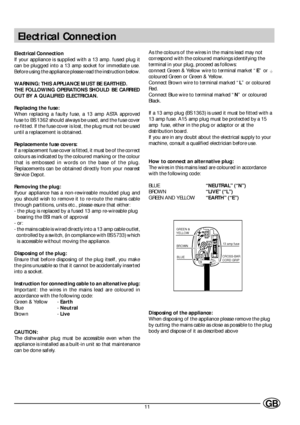 Page 1311GB
Electrical Connection
Electrical Connection
If your appliance is supplied with a 13 amp. fused plug it
can be plugged into a 13 amp socket for immediate use.
Before using the appliance please read the instruction below.
WARNING: THIS APPLIANCE MUST BE EARTHED.
THE FOLLOWING OPERATIONS SHOULD BE CARRIED
OUT BY A QUALIFIED ELECTRICIAN.
Replacing the fuse:
When replacing a faulty fuse, a 13 amp ASTA approved
fuse to BS 1362 should always be used, and the fuse cover
re-fitted. If the fuse cover is lost,...