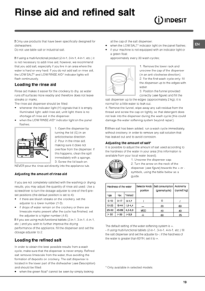 Page 19+
 Only use products that have been specifically designed for
dishwashers.
Do not use table salt or industrial salt.
 If using a multi-functional product (2-in-1, 3-in-1, 4-in-1, etc.) it
is not necessary to add rinse aid; however, we recommend
that you add salt, especially if you live in an area where the
water is hard or very hard. If you do not add salt or rinse aid,
the LOW SALT* and LOW RINSE AID* indicator lights will
flash continuously.
!
!
Rinse aid makes it easier for the...