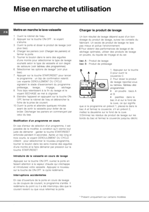 Page 6%
-!		//
		
1. Ouvrir le robinet de l’eau.
2. Appuyer sur la touche ON-OFF : le voyant
s’allume.
3. Ouvrir la porte et doser le produit de lavage (voir
plus bas).
4. Charger les paniers (voir 
Charger les paniers) et
fermer la porte.
5. Tourner le bouton dans le sens des aiguilles
d’une montre pour sélectionner le type de lavage
souhaité selon le type de vaisselle et son degré
de salissure (
voir tableau des programmes).
6. Sélectionner les options de lavage* (voir plus
bas)....