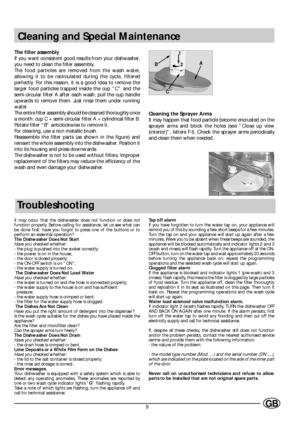 Page 119GB
Cleaning and Special Maintenance
Troubleshooting
It may occur that the dishwasher does not function or does not
function properly. Before calling for assistance, let us see what can
be done first: have you forgot to press one of the buttons or to
perform an essential operation?
The Dishwasher Does Not Start
Have you checked whether:
- the plug is pushed into the socket correctly;
- the power is on in the house;
- the door is closed properly;
- the ON-OFF switch is on ON;
- the water supply is turned...