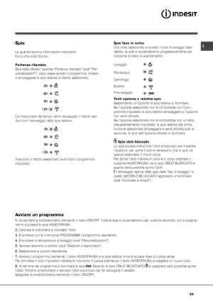 Page 2929
ISpie
Le spie forniscono informazioni importanti.
Ecco che cosa dicono:
Partenza ritardata
Se è stata attivata l’opzione “Partenza ritardata” (vedi “Per-
sonalizzazioni”), dopo avere avviato il programma, inizierà 
a lampeggiare la spia relativa al ritardo selezionato:
Col trascorrere del tempo verrà visualizzato il ritardo resi-
duo con il lampeggio della spia relativa:
Trascorso il ritardo selezionato avrà inizio il programma 
impostato.
Lavaggio
Risciacquo
Centrifuga
Scarico
Fine lavaggio
Spie fase...