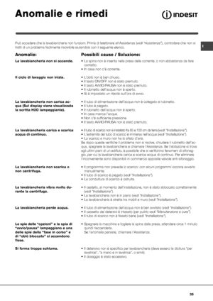 Page 35I
35
Anomalie e rimedi
Può accadere che la lavabiancheria non funzioni. Prima di telefonare all’Assistenza (vedi “Assistenza”), controllare che non si 
tratti di un problema facilmente risolvibile aiutandosi con il seguente elenco.
Anomalie:
La lavabiancheria non si accende.
Il ciclo di lavaggio non inizia.
La lavabiancheria non carica ac-
qua (Sul display viene visualizzata 
la scritta H2O lampeggiante). 
La lavabiancheria carica e scarica 
acqua di continuo.
La lavabiancheria non scarica o 
non...