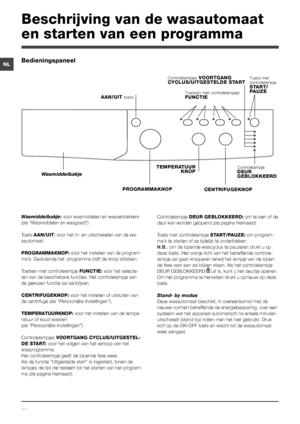 Page 2828
NL
Beschrijving van de wasautomaat 
en starten van een programma
Wasmiddelbakje: voor wasmiddelen en wasversterkers 
(zie “Wasmiddelen en wasgoed”).
Toets AAN/UIT: voor het in- en uitschakelen van de wa-
sautomaat.
PROGRAMMAKNOP: voor het instellen van de program-
ma’s. Gedurende het  programma blijft de knop stilstaan.
Toetsen met controlelampje FUNCTIE: voor het selecte-
ren van de beschikbare functies. Het controlelampje van 
de gekozen functie zal aanblijven.
CENTRIFUGEKNOP: voor het instellen of...