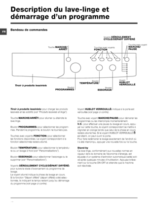 Page 1616
FR
Tiroir à produits lessiviels: pour charger les produits 
lessiviels et les additifs (voir “Produits lessiviels et linge”).
Touche MARCHE/ARRÊT: pour allumer ou éteindre le 
lave-linge.
Bouton PROGRAMMES: pour sélectionner les program-
mes. Pendant le programme, le bouton ne tournera pas.
Touches avec voyants FONCTION: pour sélectionner 
les fonctions disponibles. Le voyant correspondant à la 
fonction sélectionnée restera allumé.
Bouton TEMPÉRATURE: pour sélectionner la températu-
re ou un lavage à...