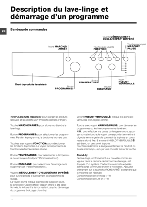 Page 1616
FR
Tiroir à produits lessiviels: pour charger les produits 
lessiviels et les additifs (voir “Produits lessiviels et linge”).
Touche MARCHE/ARRÊT: pour allumer ou éteindre le 
lave-linge.
Bouton PROGRAMMES: pour sélectionner les program-
mes. Pendant le programme, le bouton ne tournera pas.
Touches avec voyants FONCTION: pour sélectionner 
les fonctions disponibles. Le voyant correspondant à la 
fonction sélectionnée restera allumé.
Bouton TEMPÉRATURE: pour sélectionner la températu-
re ou un lavage à...