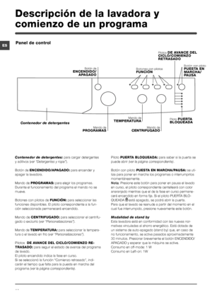 Page 2828
ES
Contenedor de detergentes: para cargar detergentes 
y aditivos (ver “Detergentes y ropa”).
Botón de ENCENDIDO/APAGADO: para encender y 
apagar la lavadora.
Mando de PROGRAMAS: para elegir los programas. 
Durante el funcionamiento del programa el mando no se 
mueve.
Botones con pilotos de FUNCIÓN: para seleccionar las 
funciones disponibles. El piloto correspondiente a la fun-
ción seleccionada permanecerá encendido.
Mando de CENTRIFUGADO: para seleccionar el centrifu-
gado o excluirlo (ver...