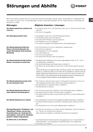 Page 1211
DE
Störungen und Abhilfe
Bei Funktionsstörung: Bevor Sie sich an den Technischen Kundendienst wenden (siehe „Kundendienst“), vergewissern Sie 
sich zuerst, ob es sich nicht um eine Kleinigkeit handelt, die Sie selbs\
t beheben können. Ziehen Sie hierzu nachstehendes 
Verzeichnis zu Rate.
Störungen:
Der Waschvollautomat schaltet sich 
nicht ein.
Der Waschgang startet nicht.
Der Waschvollautomat lädt kein 
Wasser. Die Kontrollleuchte der 
ersten Waschphase blinkt (rasches 
Blinklicht).
Der...