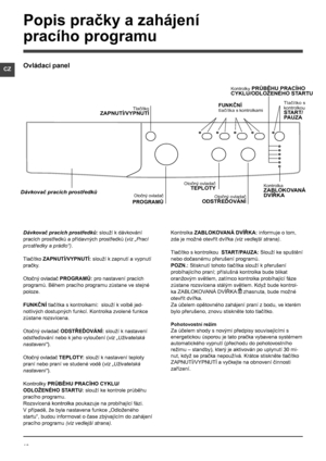 Page 1616
CZ
Dávkovač pracích prostředků: slouží k dávkování 
pracích prostředků a přídavných prostředků (viz „Prací 
prostředky a prádlo“).
Tlačítko ZAPNUTÍ/VYPNUTÍ: slouží k zapnutí a vypnutí 
pračky.
Otočný ovladač PROGRAMŮ: pro nastavení pracích 
programů. Během pracího programu zůstane ve stejné 
poloze.
FUNKČNÍ tlačítka s kontrolkami:  slouží k volbě jed-
notlivých dostupných funkcí. Kontrolka zvolené funkce 
zůstane rozsvícena.
Otočný ovladač ODSTŘEĎOVÁNÍ: slouží k nastavení 
odstřeďování nebo k jeho...