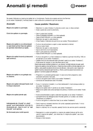 Page 3535
RO
Anomalii şi remedii
Se poate întâmpla ca maşina de spălat să nu funcţioneze. Înainte de a apela serviciul de Service  
(a se vedea “Asistenţă”), verificaţi dacă nu este vorba de o problemă uşor de rezolvat:
Anomalii:
Maşina de spălat nu porneşte.
Ciclul de spălare nu porneşte.
Maşina de spălat nu se alimentează 
cu apă (ledul primei faze de spălare 
se aprinde intermitent şi rapid).
Maşina de spălat încarcă şi descarcă 
apă continuu.
Maşina de spălat nu se goleşte sau 
nu stoarce.
Maşina de spălat...