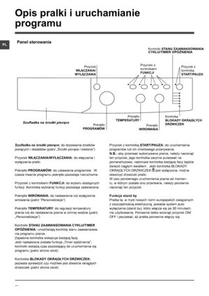 Page 5252
PL
Szufladka na środki piorące: do dozowania środków 
piorących i dodatków (patrz „Środki piorące i bielizna”). 
Przycisk WŁĄCZANIA/WYŁĄCZANIA: do włączania i 
wyłączania pralki.
Pokrętło PROGRAMÓW: do ustawiania programów.  W 
czasie trwania programu pokrętło pozostaje nieruchome.
Przyciski z kontrolkami FUNKCJI: do wyboru dostępnych 
funkcji. Kontrolka wybranej funkcji pozostaje zaświecona.
Pokrętło WIROWANIA: do nastawienia lub wyłączenia 
wirowania (patrz “Personalizacja”).
Pokrętło TEMPERATURY:...